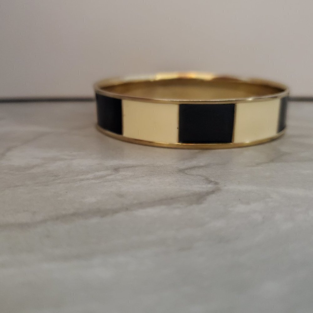 💕 Vintage 90s 1990s J.Crew Black Cream Striped Enamel Bangle Bracelet 💕 - Picture 3 of 12
